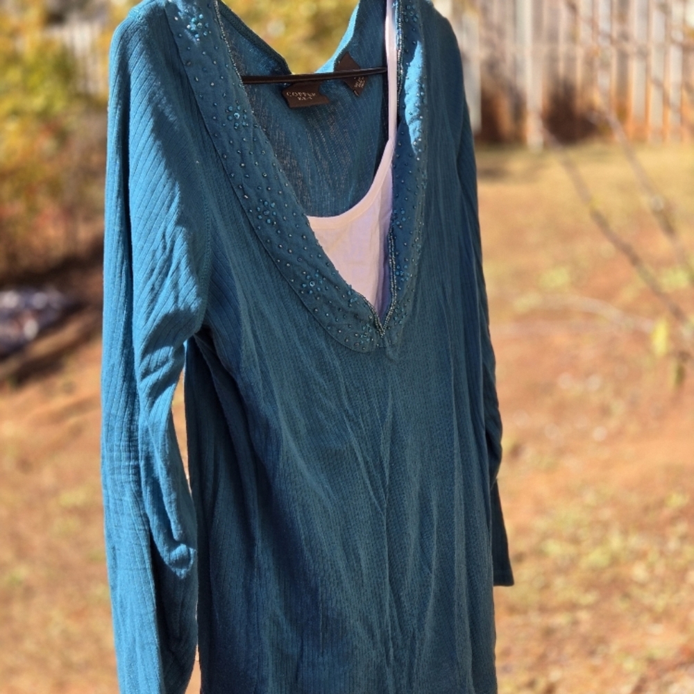 Blue V-Neck Ribbed Long Sleeve Blouse